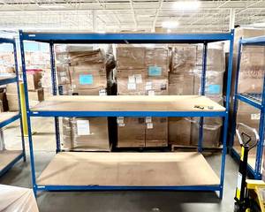 lot 53 image: 1 - 3 TIER SHELF EXTRA HEAVY DUTY TEARDROP PALLET RACKING SECTION MEASURING 7 Tall X 39 Deep X 8 Wide Includes Shelf Supports and Particle Boards That Are Pictured - GREAT CONDITION