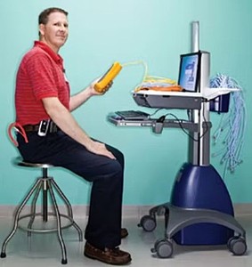 lot 38 image: WOW MSRP $4000 Ergotron StyleView Industrial Grade Mobile Laptop Or Stand UpSit Computer Workstation Height Adjustable Platform Medical COW Cart