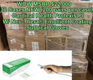lot 58 image: WOW MSRP $22,000  32 Cases (200 pairs per case) NEW Cardinal Health Protexis PI W Neu-Thera Surgical Gloves -&nbspNeu-Thera&nbspEmollient Coating aids in wet & dry donning & helps promote skin moisturization Size 8 12 Expiration 724