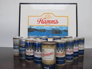 lot 26 image: Lot of Vintage HAMMS Beer Cans & Framed Placemat