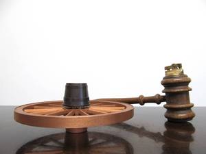 lot 52 image: 2 Large Vintage Wooden Table Lighters - Wagon Wheel & Judges Gavel