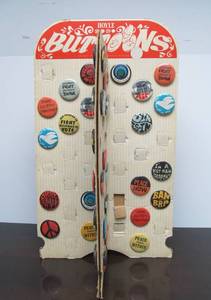 lot 67 image: Awesome Vintage 1970s Pinback Button Advertising Store Display with NOS Buttons
