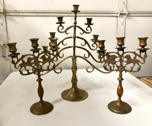 lot 183 image: 3 Vintage Solid Brass Larger Size Candelabras 