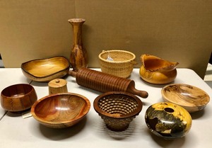 lot 148 image: Great Collection of Artisan Handmade Exotic Wood Bowls etc
