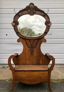lot 5 image: Very Nice Antique Quartersawn Oak Hall Tree Bench wMirror
