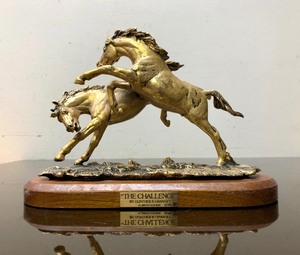lot 319 image: Signed Bronze Battling Horses Sculpture by Gunther Granget - The Challenge
