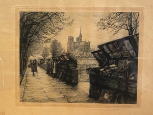 lot 331 image: Framed Hand Signed Antique Street Scene Etching wCathedral
