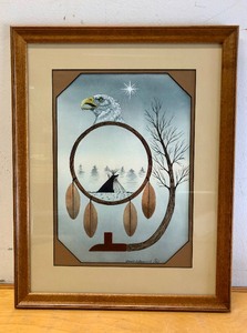 lot 332 image: Excellent Original Native American Dreamcatcher Watercolor Painting by Warroad, MN Artist Donald Kakaygeesick