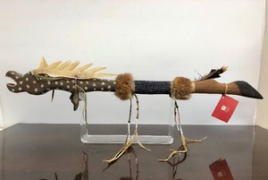 lot 390 image: Impressive Native American Handmade Elk Dance Stick by Kills in Sight