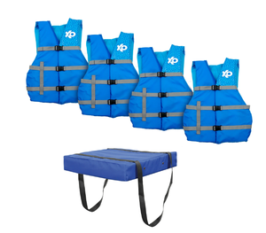 lot 133 image: 4PCS X2O Universal Adult Life Vest and Jacket Plus Boat Cushion