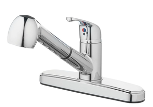 lot 330 image: Mainstays Single Handle Kitchen Sink Faucet with Pull-Out Sprayer and Chrome Finish