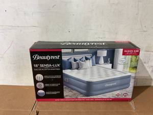 lot 231 image: Queen Size Beautyrest Sensalux 18 Inflatable Air Bed Blow up Mattress with Built-in Pump