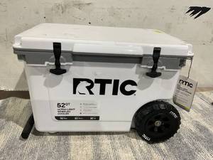 lot 73 image: RTIC 52 QT Ultra-Light Wheeled Hard-Sided Ice Chest Cooler, White and Grey, Fits 78 Cans