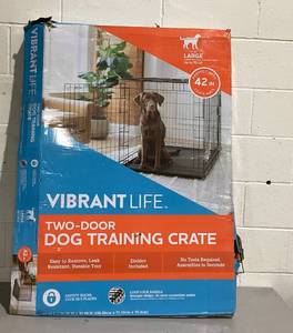 lot 418 image: Vibrant Life Double Door Metal Wire 42 Dog Crate, Leak-Proof Pan and Divider for Dogs