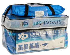 lot 481 image: X20 5-Pack Boat Bundle Universal Life Jacket 4-Pack Plus Throwable Boat Cushion in Blue