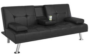 lot 521 image: Hommoo Modern Faux Leather Futon Sofa Bed, Convertible Folding Sofa Couch with Cupholder and Pillow, Loveseat for Home, Black