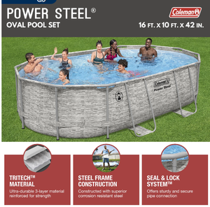 lot 539 image: Coleman Power Steel 16 ft. x 10 ft. x 42 in. Oval Metal Frame Above Ground Pool Set