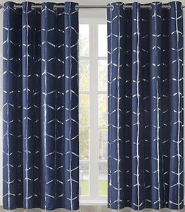 lot 554 image: LOT OF 3 Intelligent Design Khloe Metallic Geometric Printed Energy Saving 100% Blackout Grommet Top Single Curtain Panel, Navy Silver, 50 x 84