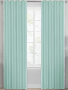 lot 558 image: LOT OF 2 Under the Stars Kids Hayden Pompom Energy Saving 100% Blackout Rod Pocket Back Tab Single Curtain Panel, Aqua, 40 x 63