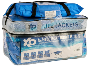 lot 568 image: X20 5-Pack Boat Bundle Universal Life Jacket 4-Pack Plus Throwable Boat Cushion in Blue