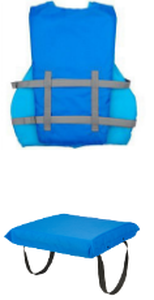 lot 569 image: X20 5-Pack Boat Bundle Universal Life Jacket 4-Pack Plus Throwable Boat Cushion in Blue