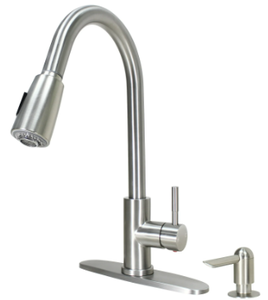 lot 642 image: Better Homes & Gardens Elmont Pull Down Kitchen Faucet with Soap Dispenser, Satin Nickel