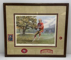 lot 2 image: Framed Pencil Signed James Lumbers The Dream Begins Joe Montana Signed Celeberty Edition 2513832 30 x 35