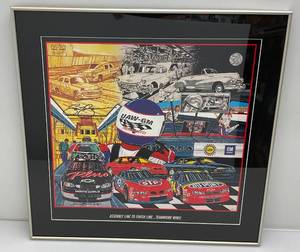 lot 8 image: Framed Behind Glass Sam Bass Signed Poster 1998 Assembly To Finish Line Teamwork 26 x 26