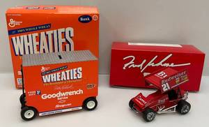 lot 114 image: 116 Scale Dale Earnhardt #3 Goodwrench Wheaties 1997 Pit Wagon 1 Of 3,756 & Fred Rahmer Budweiser Racing 124 Scale Diecast Sprint Car (Both NIB)