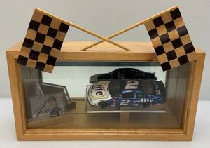 lot 115 image: Solid Wood Display Case  With Rusty Wallace Signed Trading Card & Diecast Stock Car (Very Cool)