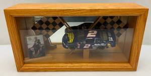 lot 116 image: Solid Wood Display Case  With Rusty Wallace Signed Trading Card & Diecast Stock Car (Very Cool)