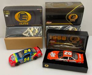 lot 120 image: Two ELITE 124 Scale Limited Edition Die Cast Cars 1 Jeff Gordon #24 Dupont, 1 Tony Stewart #20 Home Depot (NIB) With Display Base