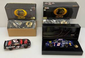 lot 141 image: Two ELITE 124 Scale Limited Edition Die Cast Cars 1 #3 Dale Earnhardt, 1 #2 Rusty Wallace (NIB) With Display Base