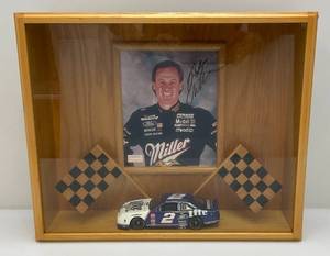 lot 153 image: Solid Wood Display Case  With Rusty Wallace Signed 8 x 10 Photo & Diecast Stock Car (Very Cool) 20 12L  x 17H x 5W