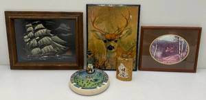 lot 174 image: Misc. Framed Wildlife Art & Jim Beam Collectibles (Empty)