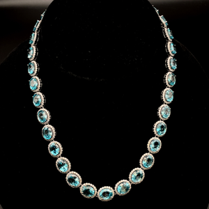 NEW 101.10 Carat Blue Zircon & Natural Diamond Halo Tennis Necklace in 14k White Gold $65,873 Appraisal Included