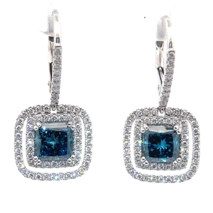 2.72 Carat Fancy Blue & White Diamond Double Halo Dangle Earrings in 14k White Gold $4,395 Retail VIDEO