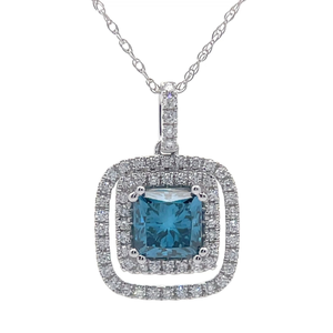 1.35 Carat Fancy Blue Diamond & White Diamond Halo Pendant Necklace in 14k White Gold $2,495 Retail VIDEO