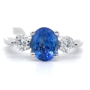 2.98 Carat Sri Lankan Blue Sapphire & Natural Diamond Three-Stone Ring in 14k White Gold with GIA Report $21, 830 Appraisal Included VIDEO