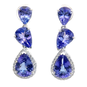 10.27 Carat Pear Tanzanite Three-Stone Diamond Drop Earrings in 14k White Gold $18,640 Appraisal Included