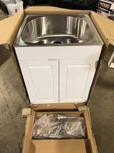 Glacier Bay 24 in. W x 21 in. D x 34 in. L Stainless Steel LaundryUtility Sink with Faucet and Cabinet in White Slight Damage Customer Returns See Pictures