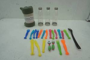 lot 232 image: Colored Plastic Silverware, Plastic Water Bottles, Fleece Throw