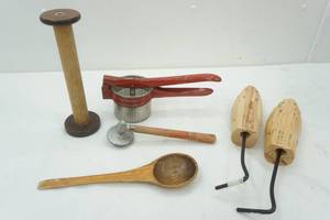 lot 145 image: Vintage kitchen items and wood shoe forms