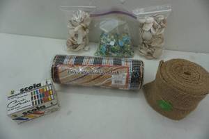 lot 157 image: Crafting items, burlap, chalk, shells and glass beads