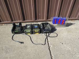 Qty of 2 80 volt batteries & 1 80 volt charger, 60 vlt charger all for parts or repair. As shown.