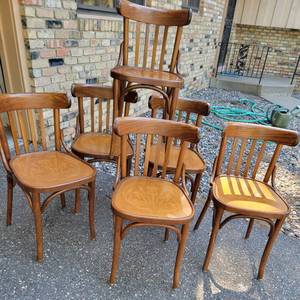 lot 19 image: Vintage Bentwood Chairs  Stencil Cat Tail and Iris Seats  6