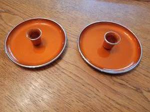lot 36 image: Vintage Emalox Norway Tangerine Enamel Candlesticks