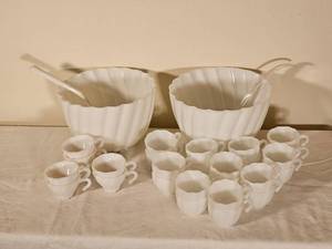 lot 100 image: Married Hazel Atlas Punch Bowl Sets Milk Glass Serving Ware