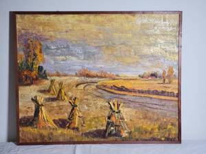 lot 107 image: Breathtaking Original Fine Art Landscape Painting - Bedell - Autumn Hay Bails