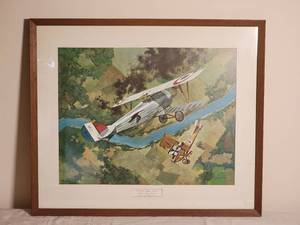 lot 57 image: Awesome Vintage Aviation Fine Art Print - JB Deneen - World War I Eagles  Series I, Nieuport 27, as flown by Guynemer, goes after a second Rumpler two seater
